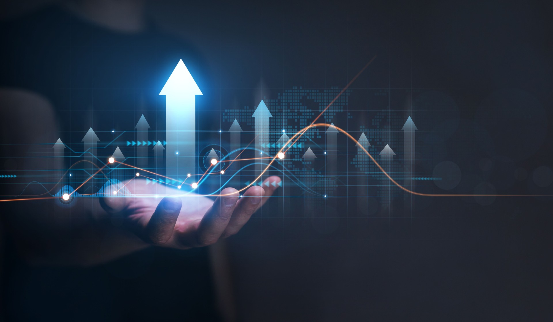Businessman holding arrow up  with graph of business analysis. Business development, financial plan and  strategy.